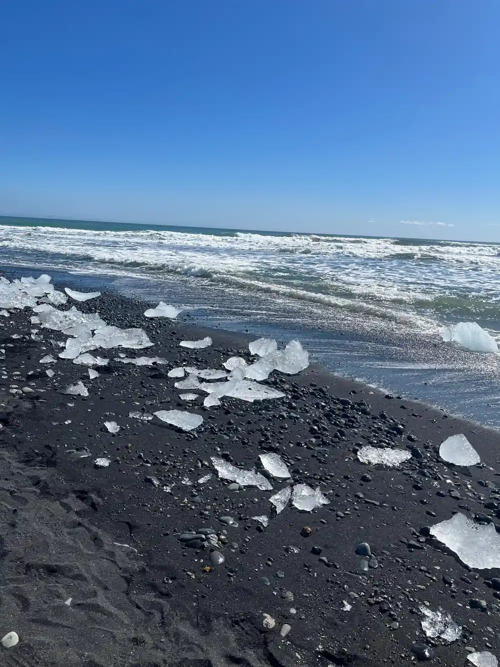 Black sand beach with white ice chunks and ocean waves