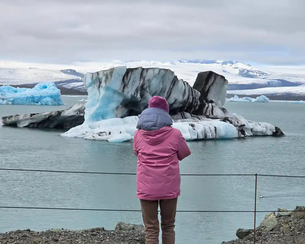 Person in pink jacket viewing icebergs in glacial lagoon