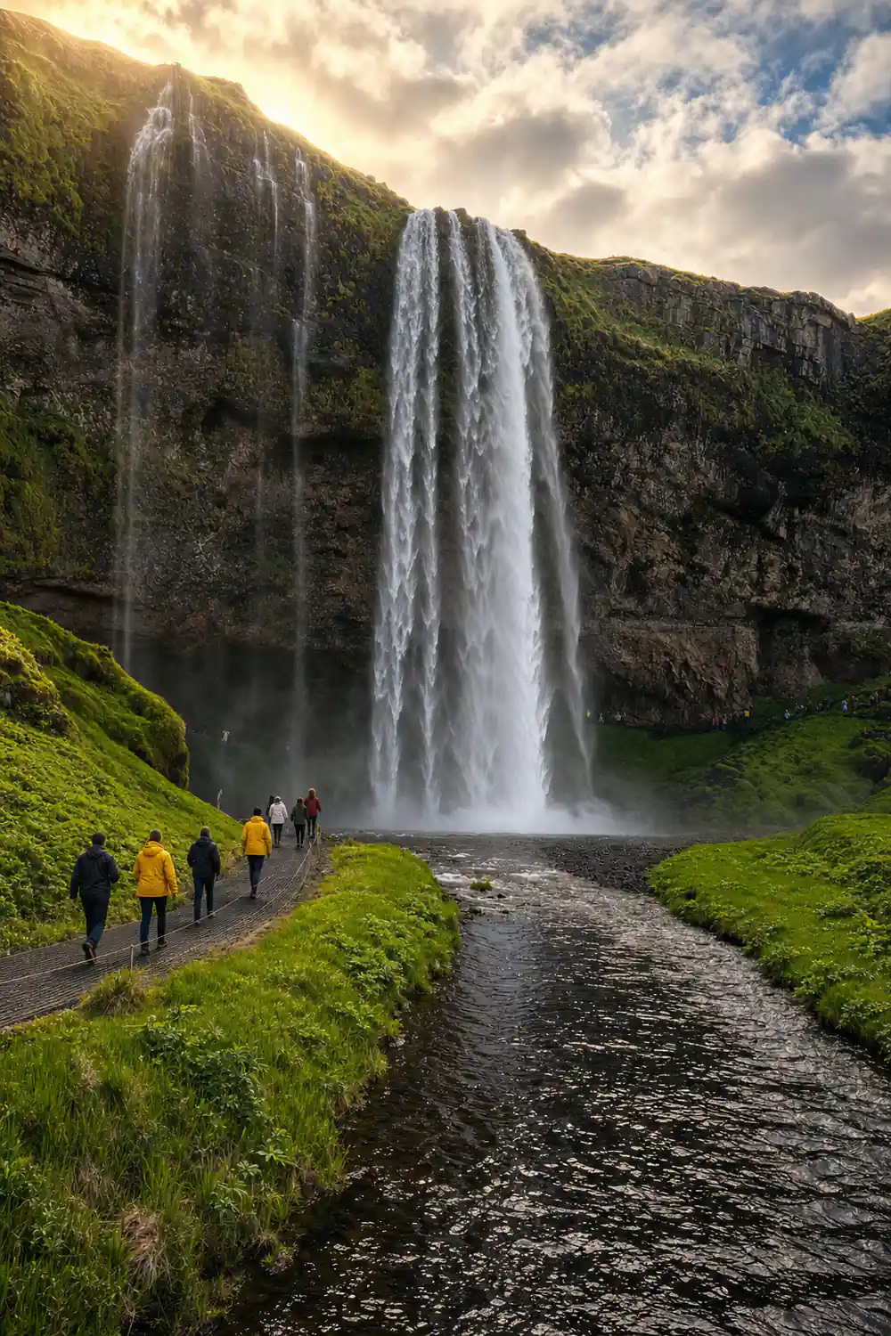 Tall waterfall cascading into green valley below